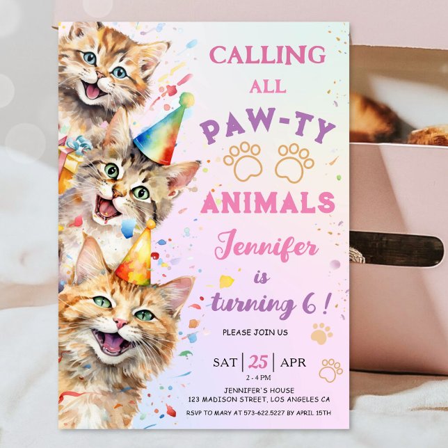 Cat Pawty Birthday Party Girl 6th Birthday Invitation (Creator Uploaded)