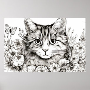 Cat Peaceful Nature Prairie Sketch Drawing Style Poster
