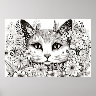 Cat Peaceful Nature Prairie Sketch Drawing Style Poster
