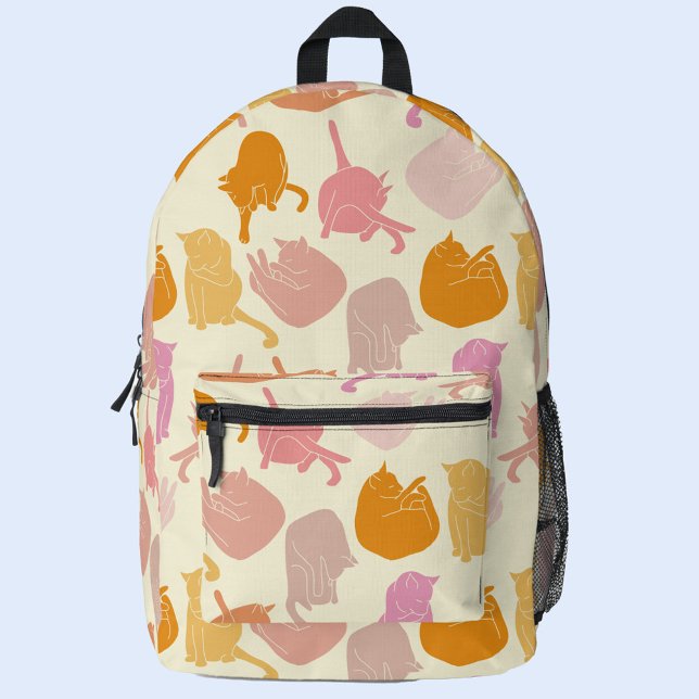 Cat Peach Pink Orange Pattern Printed Backpack (Kitty cat pattern peach, orange and pink backpack)