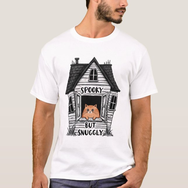 Cat peeking from a window in a spooky old house T-Shirt (Front)