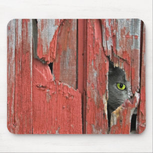 Cat Peeking Out of Barn Wood Mouse Pad