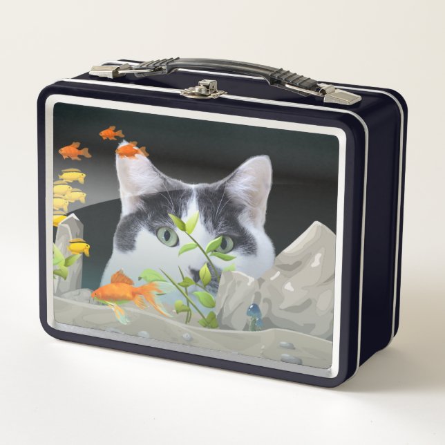 Cat Peering in Fish Tank Custom 2 x Photo Metal Lunch Box (Front)