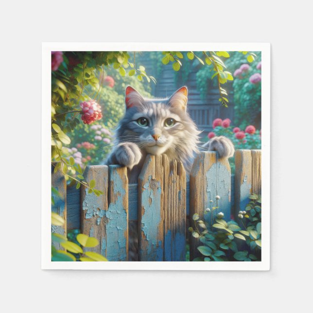 Cat Peering Over a Fence Napkin (Front)