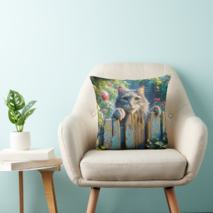 Cat Peering Over a Fence Throw Pillow
