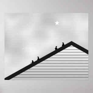 Cat & Penguins On Rooftop Poster