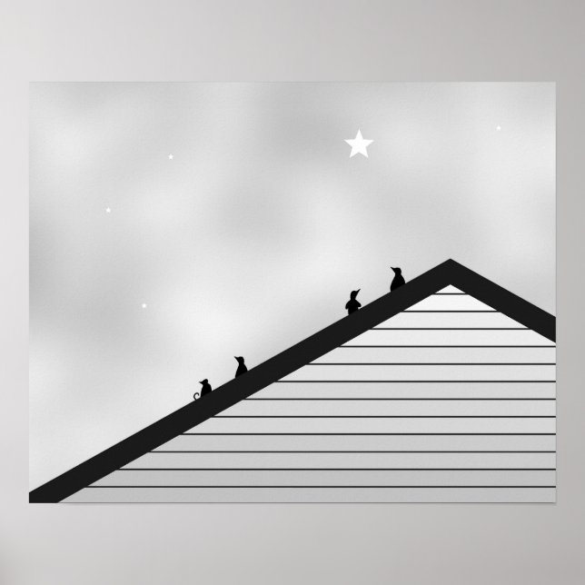 Cat & Penguins On Rooftop Poster (Front)