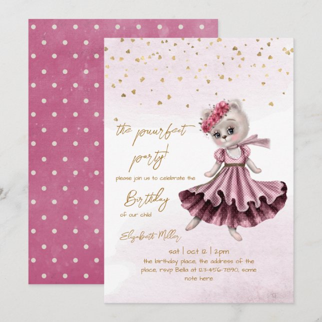 Cat Perfect Pawty (Party) Girl 2nd Birthday Invitation (Front/Back)