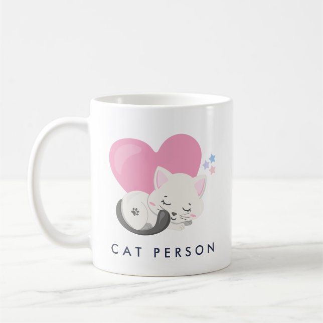 Cat Person Text Cute White Kitty Cat Sleeping Coffee Mug (Left)