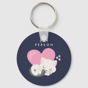 Cat Person Text Cute White Kitty Cat Sleeping Keychain