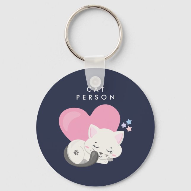 Cat Person Text Cute White Kitty Cat Sleeping Keychain (Front)