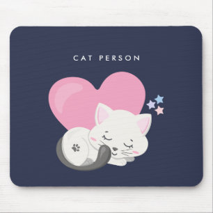 Cat Person Text Cute White Kitty Cat Sleeping Mouse Pad