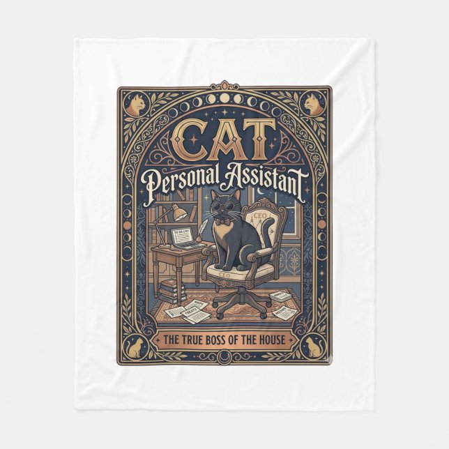 Cat Personal Assistant Cat Funny Owner Humour Vint Fleece Blanket (Front)