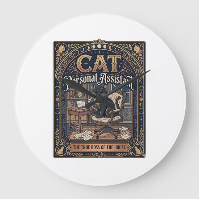 Cat Personal Assistant Cat Funny Owner Humour Vint Large Clock (Front)