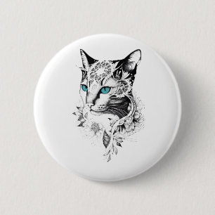 Cat Pet Animal Nature Illustration Art Tattoo 2 Inch Round Button