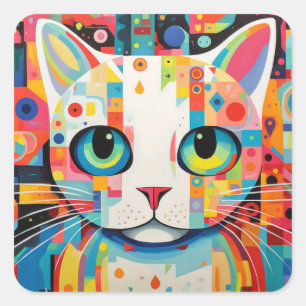 Cat Pet Animal Portrait Colorful Painting Square Sticker