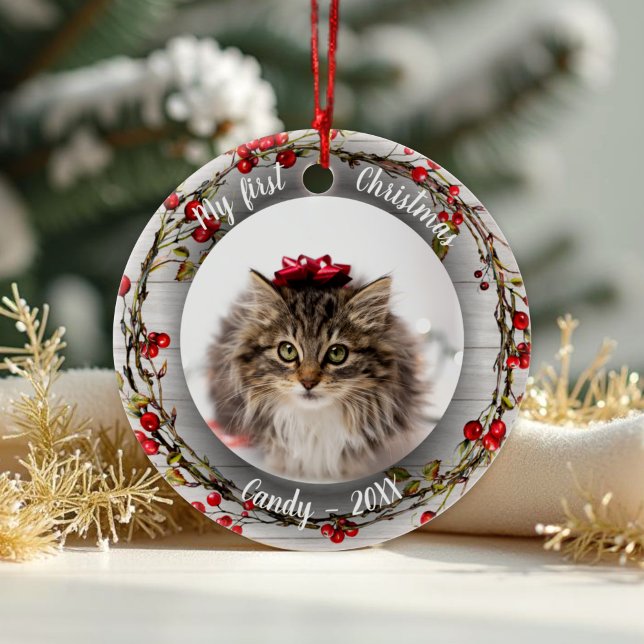 Cat Pet First Christmas Photo Red Berry Wreath Ceramic Ornament (Creator Uploaded)