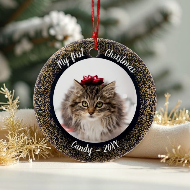 Cat Pet First Christmas Photo Rusti Circle Frame Ceramic Ornament (Creator Uploaded)
