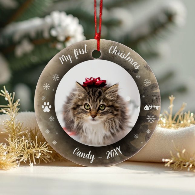 Cat Pet First Christmas Photo Rustic Animal Print  Ceramic Ornament (Creator Uploaded)