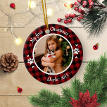 Cat Pet First Christmas Photo Rustic Buffalo Check Ceramic Ornament<br><div class="desc">Cat Pet First Christmas Photo Rustic Buffalo Check Ceramic Ornament</div>