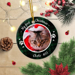 Cat Pet First Christmas Photo Rustic Green Plaid Ceramic Ornament<br><div class="desc">Cat Pet First Christmas Photo Rustic Green Plaid Ceramic Ornament</div>
