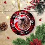 Cat Pet First Christmas Photo Rustic Red Plaid Ceramic Ornament<br><div class="desc">Cat Pet First Christmas Photo Rustic Red Plaid Ceramic Ornament</div>