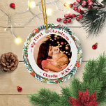 Cat Pet First Christmas Photo Wartercolor Wreath Ceramic Ornament<br><div class="desc">Cat Pet First Christmas Photo Wartercolor Wreath Ceramic Ornament</div>
