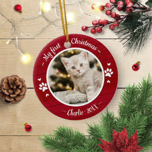 Cat Pet First Christmas Simple Photo Rustic Metal Ornament