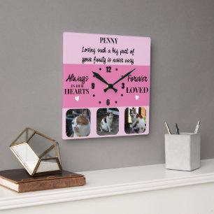 Cat pet loss Keepsake Memorial pink Square Wall Clock
