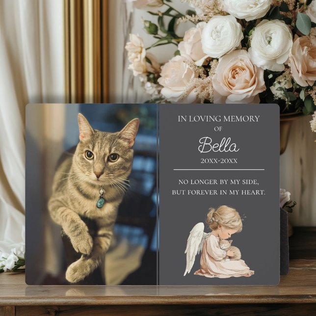 Cat Pet Memorial  Plaque (In loving memory cat memorial photo plaque with angel and sentimental quote.)