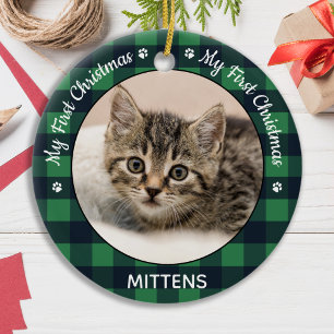 Cat Pet Photo Green Plaid Kitten First Christmas Ceramic Ornament