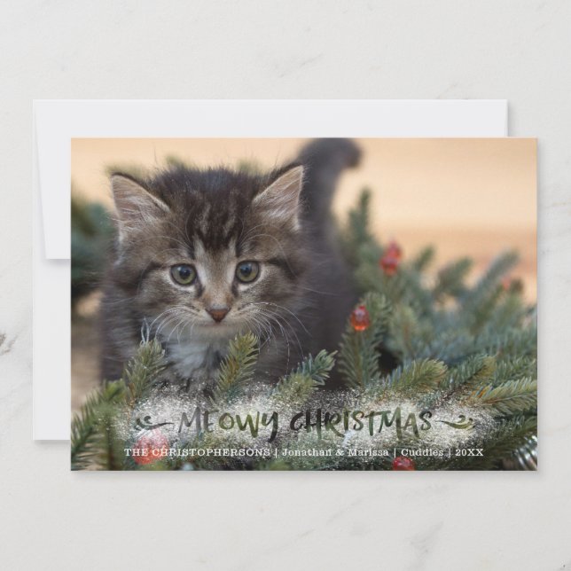 Cat Photo Brush Script Snowy MEOWY CHRISTMAS Holiday Card (Front)