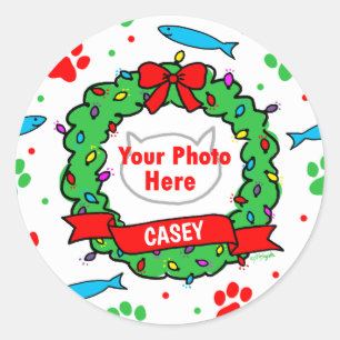 Cat Photo Christmas Wreath Pattern Classic Round Sticker