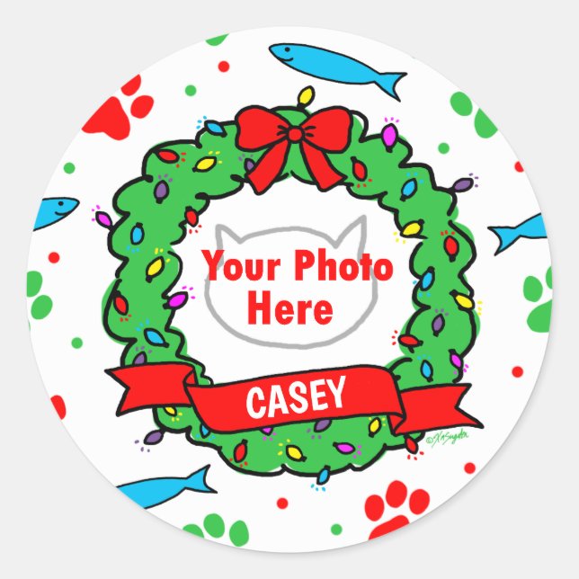 Cat Photo Christmas Wreath Pattern Classic Round Sticker (Front)