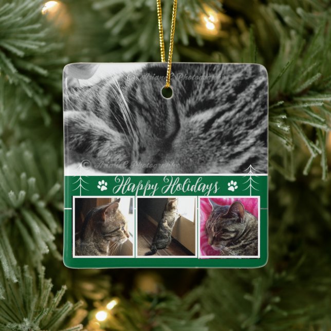 Cat Photo Collage Green Christmas Ornament (Tree)