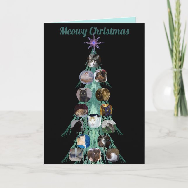 Cat Photo Fractal Tree Black Folded Holiday Card (Front)