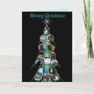 Cat Photo Fractal Tree Black Folded Holiday Card