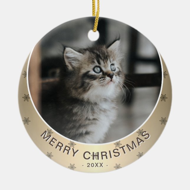 Cat Photo Golden Snowflake Metallic Christmas  Ceramic Ornament (Front)
