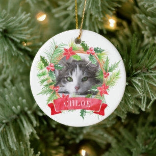 Cat Photo Holly Wreath Ceramic Ornament