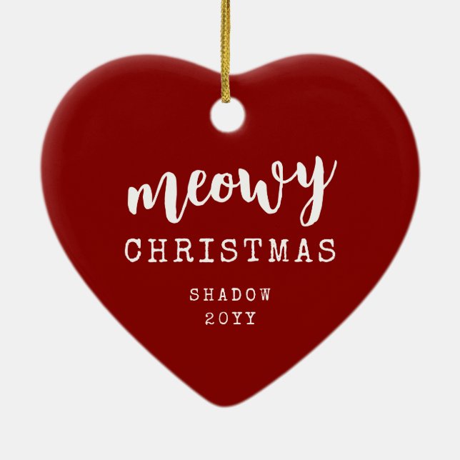 Cat Photo Meowy Christmas Rustic Heart Shape Ceramic Ornament (Back)