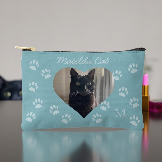 Cat Photo Name Monogram Teal Paw Print Accessory Pouch (Upload a photo and add your name/initial to this cute makeup bag. Purrfect gift for the Cat Mom!)