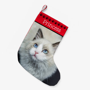 Cat Photo & Name Red Black Paw Prints Small Christmas Stocking