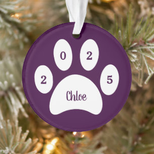 Cat Photo Name Year White Paw Print Purple Ornament