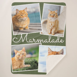Cat Photo Pet Collage Olive Green Personalized Sherpa Blanket