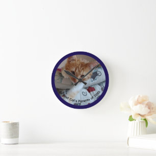 Cat Photo Text Customize Round Clock