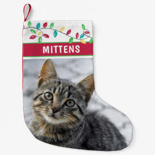 Cat Photo Watercolor Holiday Lights Small Christmas Stocking