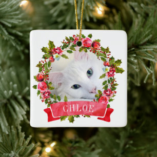 Cat Photo Watercolor Wreath Ceramic Ornament