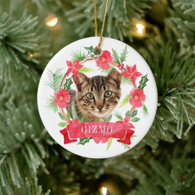 Cat Photo Watercolor Wreath Ceramic Ornament (Tree)