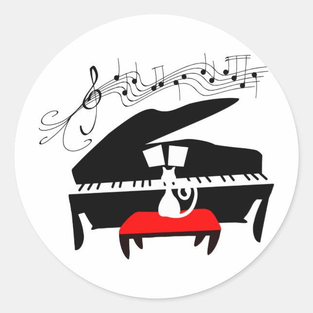 Cat & Piano Classic Round Sticker (Front)