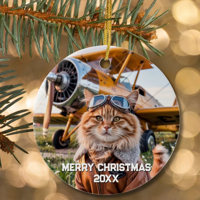 Cat Pilot Airplane Funny Aviation Photo Christmas Ceramic Ornament (Creator Uploaded)